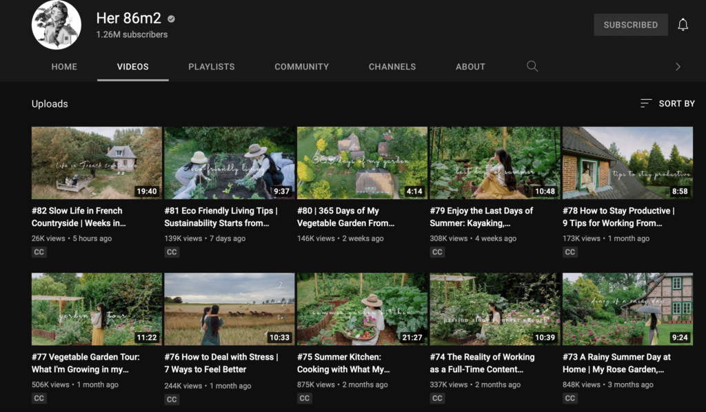 A screenshot of the Her 86 metres squared YouTube channel Videos section.
